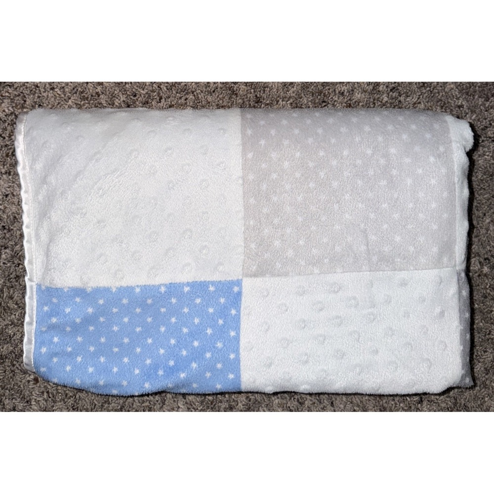 Just Born Blue Gray White Patchwork Squares Baby Blanket Stars Minky Dots Sherpa